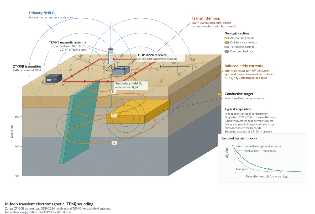 TEM survey diagram showing a transmitter loop, receiver, induced eddy currents, and the decaying response of a conductive target.